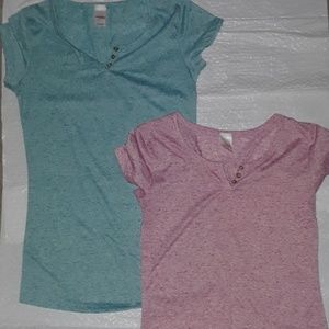 2 shirts, blue and pink